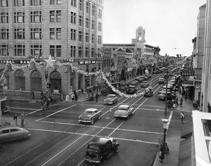 View of Fourth Street in Santa Ana, looking west from North Main Street, 1954