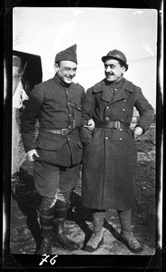 Two soldiers linking their arms in France during World War I, ca.1916