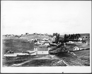 Birdseye view looking west on Temple Street from Bunker Hill, ca.1880