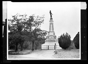 Monument in Coloma depicting James Marshall, who discovered gold in the area, ca.1930