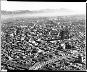 Birdseye view of Los Angeles, looking northeast over downtown, showing the junction of the Harbor and Santa Monica freeways, ca.1970 (1955?)