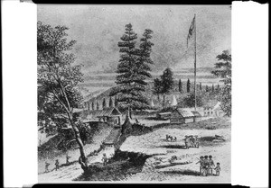 Drawing depicting a view of Sutter's Mill at Coloma, where James Marshall discovered gold in 1848, June 19, 1898