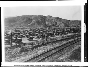 Early automobiles parked for the opening of the Los Angeles Aqueduct, ca.1913