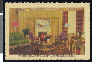 Drawing of interior of the Mission Bell Motel lobby and television room, ca.1900