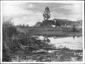 View of Mission San Gabriel from the rushes and pond to the east, ca.1889