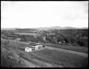 Birdseye view of Santa Monica Canyon looking north towards Rustic Canyon, ca.1915