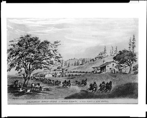 Drawing by Vischer depicting a Spanish ranch scene in Marin County, ten miles north of San Rafael, ca.1860