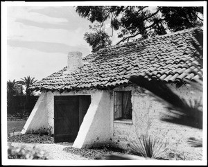 Exterior view of the entrance to the Jose de Jesus Vallejo adobe in Niles, CA, ca.1930