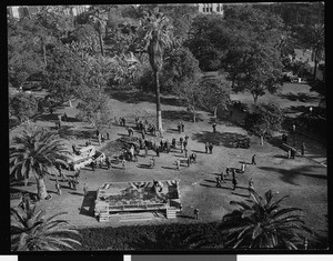 Aerial view of the groundbreaking ceremony for the Pershing Square garage, 1951