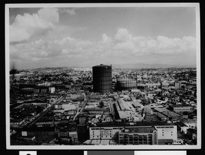 Birdseye view of downtown Los Angeles, showing natural gas storage tanks