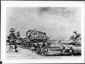 Drawing by Edward Vischer depicting the Mission San Gabriel during a Sunday gathering after Mass, 1878