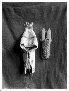 Two pieces of Sioux Indian bead work on display, ca.1900