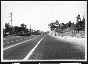 View from the Los Angeles Oil Field, looking down at what is possibly Figueroa Street, ca.1932