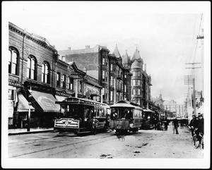 View of Spring Street looking north from Third Street, showing streetcars, ca.1891