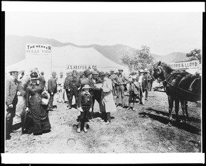 Prospective buyers outside a sales tent on the opening day of sales for the Ocean View subdivision of Monrovia, ca.1887