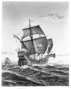 Drawing by Wallace Robin depicting a pair of Spanish Galleons in the open seas