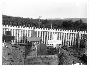 Wooden crosses in cemetery at Mission Assistencia of San Antonio at Pala, ca.1895-1905