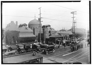 Exterior view of the Santa Fe Station for the Atcheson, Topeka and Santa Fe Railroad