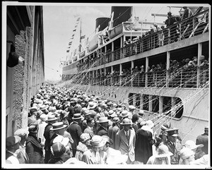 Bon voyage ceremony for the steamship City of Los Angeles at San Pedro Harbor, 1920-1940