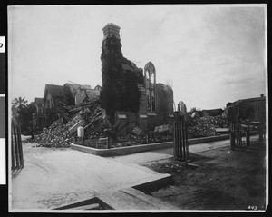 View of San Jose following the 1906 earthquake, showing damage done to Saint Patrick's Church, 1906