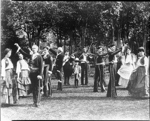 Portrait of five "Las Pollitas"("La Jota"?) couples of Spanish Dancers led by Jose Rivera, Los Angeles, ca.1920