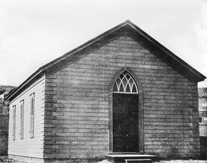 Exterior view of the First Congregational Church on New High Street, north of Temple Street, Los Angeles, ca.1880