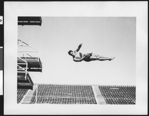 Male diver launching himself into the air, ca.1930