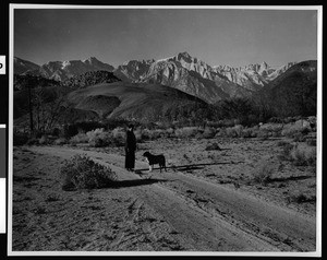 Woman and dog on road leading into the Alabama Hills, near Lone Pine, Calif., showing Mount Whitney at right, ca.1910