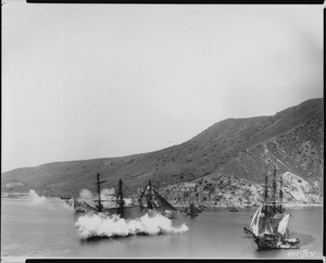 View of ships skirmishing at Catalina during the filming of "Old Ironsides"