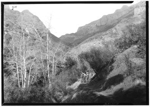 Three men on a path in Sequit Canyon, Malibu District, January 14, 1928