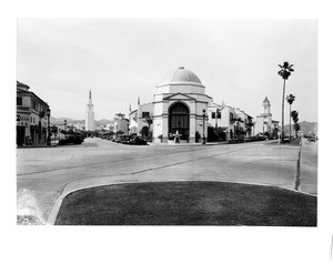 View of Westwood Village from a grassy median, April 11, 1932