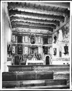 Main altar and decorated ceiling inside Mission Santa Inez, ca.1904