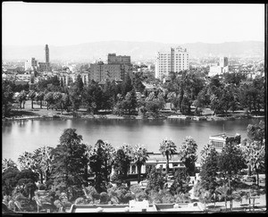 View of a lake in Westlake (later Macarthur) Park, looking west, 1932