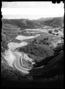 Aerial view of a road curving through Topanga Canyon, ca.1915