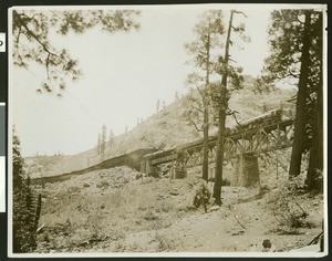 Southern Pacific train coming out of Snow Shed 10, heading West onto Butte Canyon Trestle, ca.1910