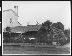 Exterior view of the south facade of the Casa Carillo adobe, birthplace of Isabel Larkin, Santa Barbara, 1936