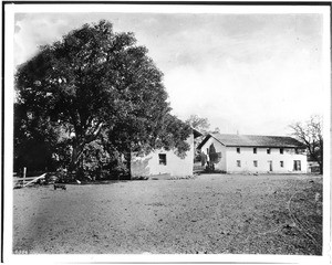Exterior view of the Soberanes Rancho buildings, site of the first college in Caliifornia, ca.1880