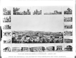 Panoramic drawing of Sonora Town, the first plaza area in Los Angeles, by Kuchel and Dresel, 1857