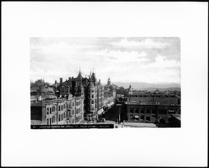 Spring Street in downtown Los Angeles, between First Street and Third Street, looking north from the Stowell Building, ca.1890