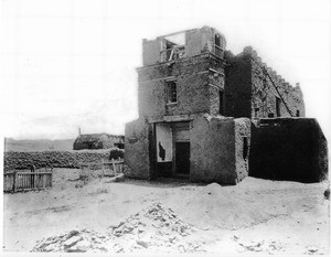 Exterior view of San Miguel Mission in Santa Fe, New Mexico, ca.1875