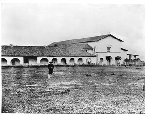 Exterior view of the Mission San Juan Bautista, before 1875