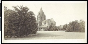 Exterior view of the Memorial Church and quadrangle at Stanford University, ca.1900