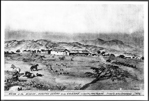 Drawing by Edward Vischer depicting the ruins of the Mission Nuestra Señora de la Soledad as seen from a distance, ca.1873