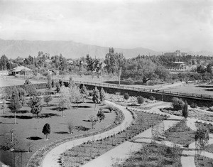 View of the Allerton Gardens in South Pasadena looking toward the Raymond Hotel, ca.1905