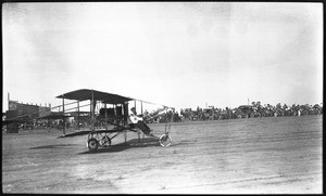 Aviator Willam Atwater at the controls of a Curtiss biplane at the Dominguez Hills Air Meet, 1912