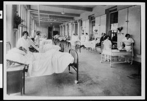 Interior view of the surgery floor rear porch at the Los Angeles County General Hospital, ca.1925