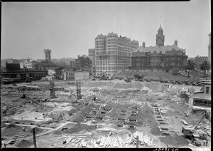 City Hall construction site in Los Angeles with the Hall of Records and the Courthouse in the background, 1926-1928