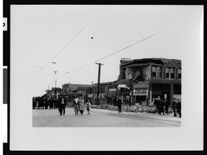 Walnut Park buildings, showing 1933 earthquake damage, ca.1933