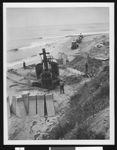 Construction of beach groins, showing a fleet of trucks carrying concrete blocks to the site of a new groin along the Southern California coast, 1953