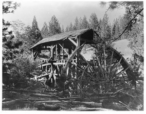 Old mill used by miners at the Ten Stamps Mine, ca.1900